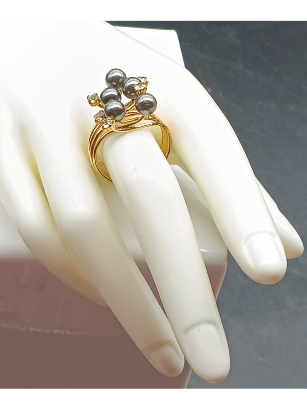 Multi-Band Gold Wire Ring with Faux Pearls & Rhinestones Adjustable Size Vintage